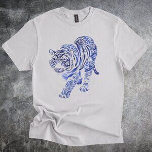 Pattern Tiger Shirt Blue Ornamental Illustration Tshirt Cotton Tee Gray